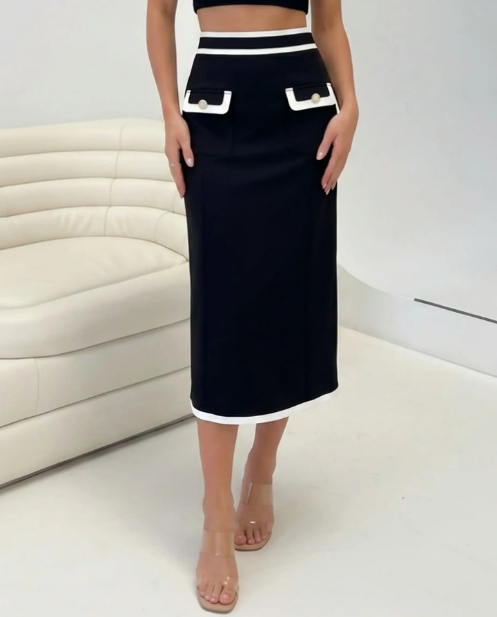 SOLACE  Black Contrast Trim High Waist Midi Bodycon Skirt 