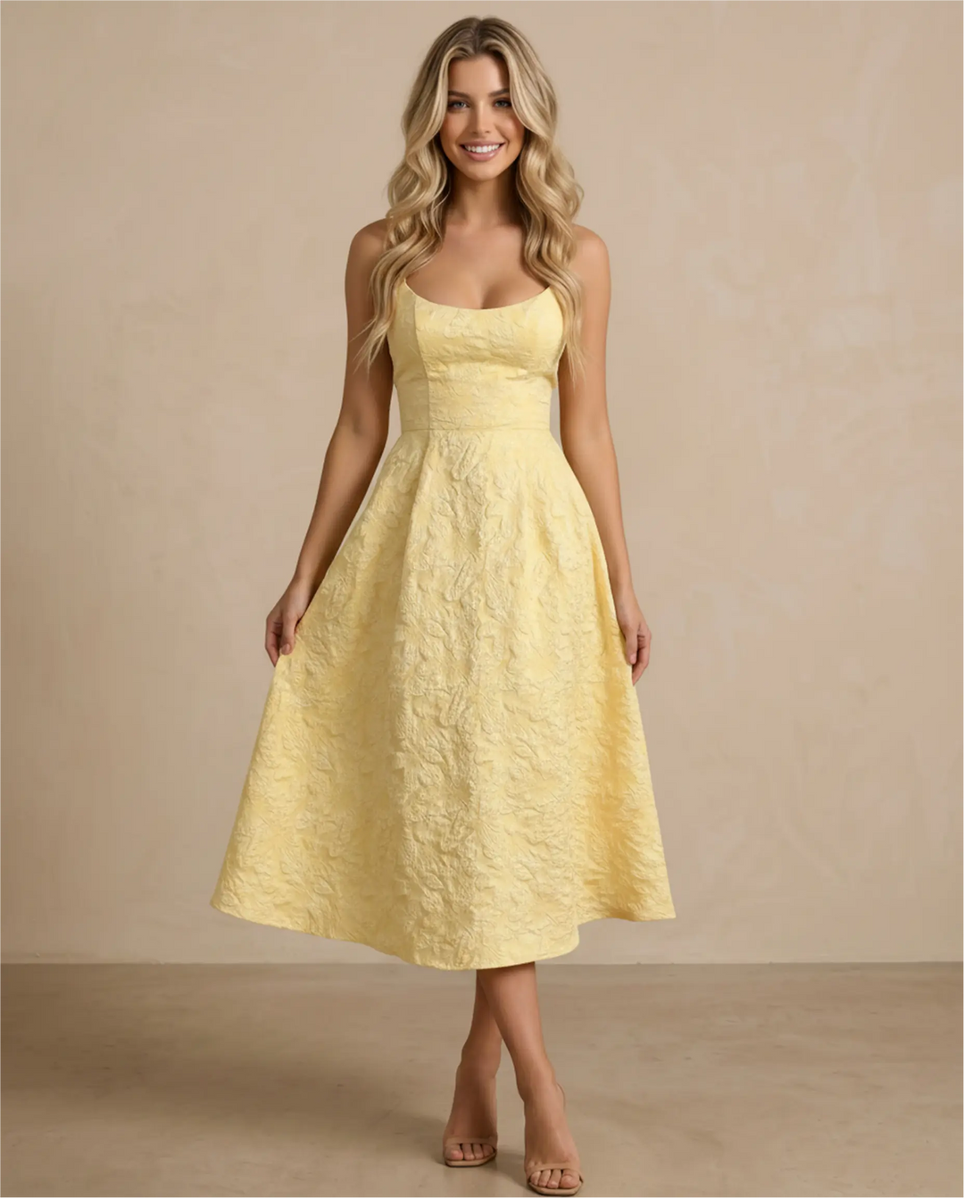 SOLACE  Yellow Jacquard Spaghetti Strap A-Line Midi Dress 