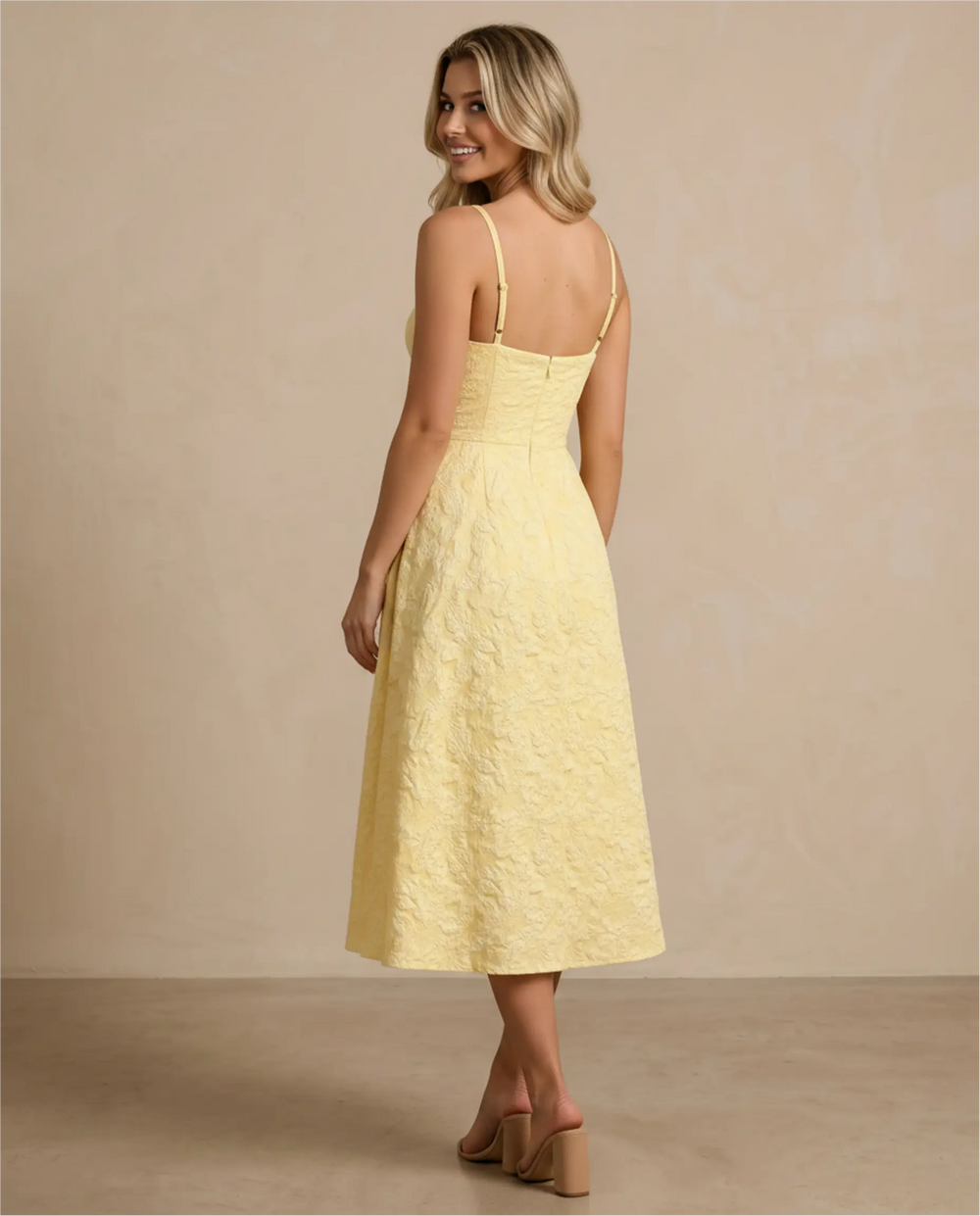 SOLACE  Yellow Jacquard Spaghetti Strap A-Line Midi Dress 
