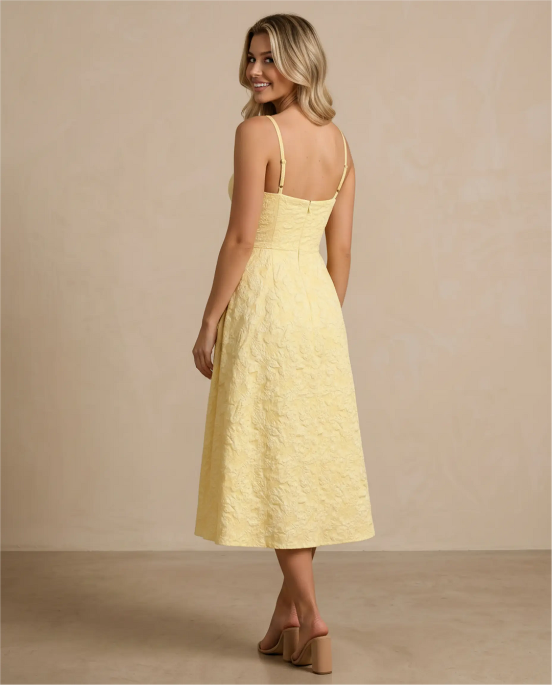 SOLACE  Yellow Jacquard Spaghetti Strap A-Line Midi Dress 