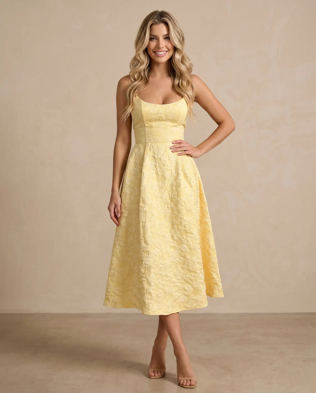 SOLACE  Yellow Jacquard Spaghetti Strap A-Line Midi Dress 