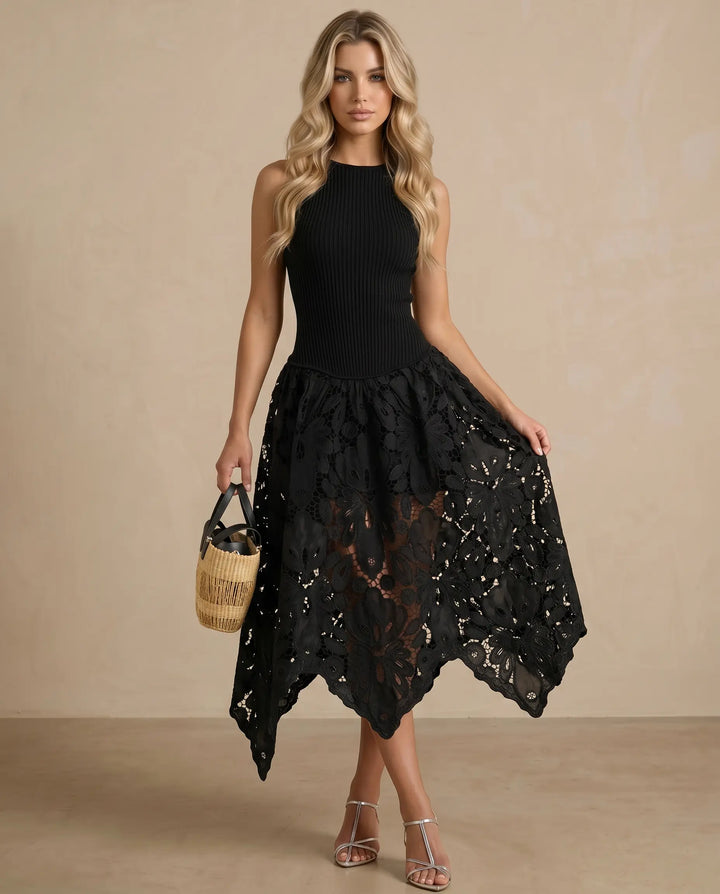 SOLACE  Black Ribbed Knit Lace Asymmetrical Midi Dress 