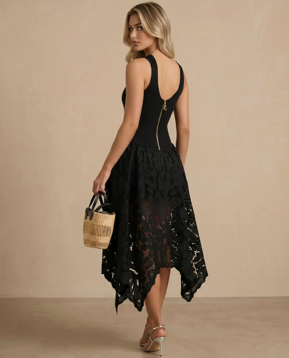 SOLACE  Black Ribbed Knit Lace Asymmetrical Midi Dress 