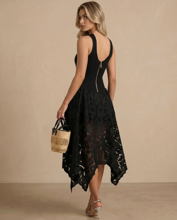 SOLACE  Black Ribbed Knit Lace Asymmetrical Midi Dress 