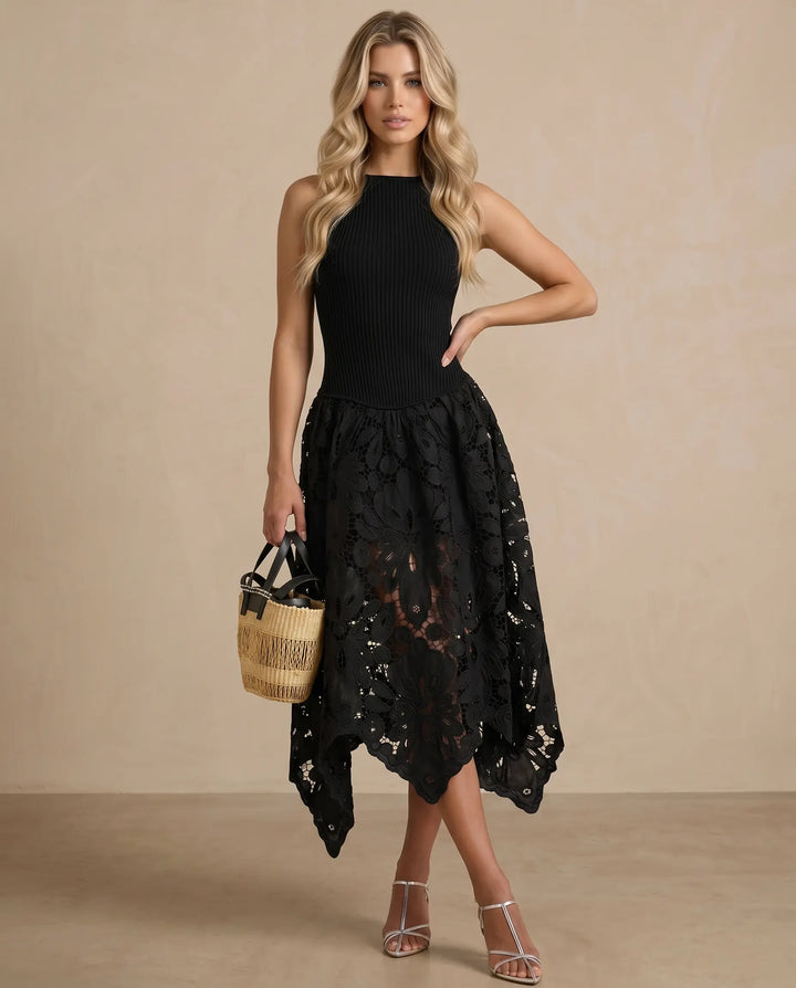 SOLACE  Black Ribbed Knit Lace Asymmetrical Midi Dress 
