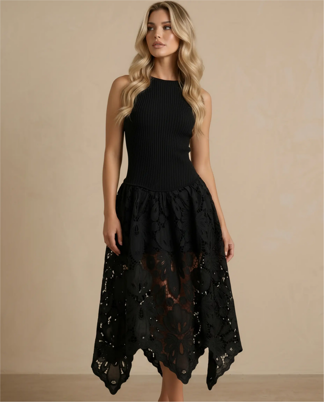 SOLACE  Black Ribbed Knit Lace Asymmetrical Midi Dress 