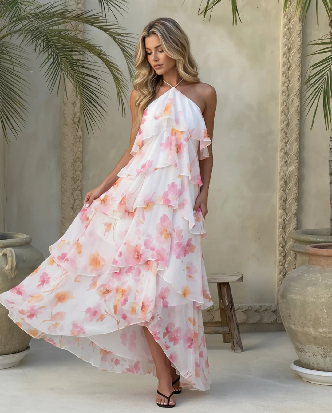 SOLACE  White Floral Print Halter Neck Tiered Chiffon Maxi Dress 