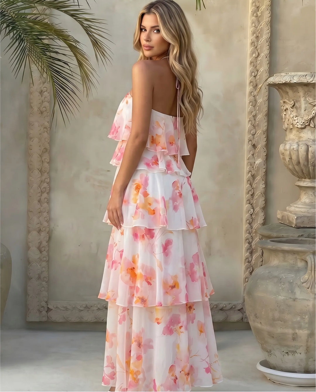 SOLACE  White Floral Print Halter Neck Tiered Chiffon Maxi Dress 