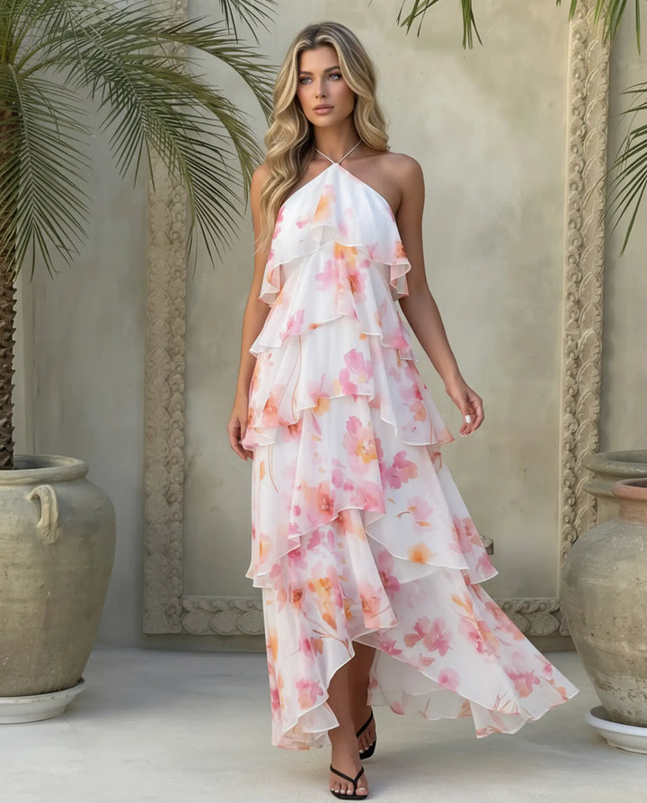 SOLACE  White Floral Print Halter Neck Tiered Chiffon Maxi Dress 