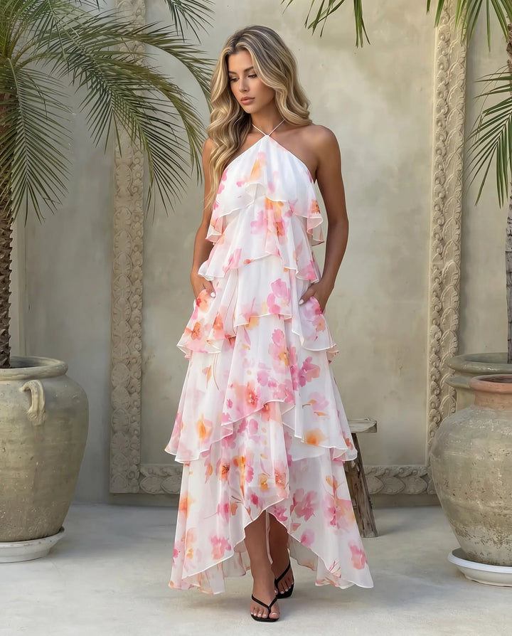 SOLACE  White Floral Print Halter Neck Tiered Chiffon Maxi Dress 