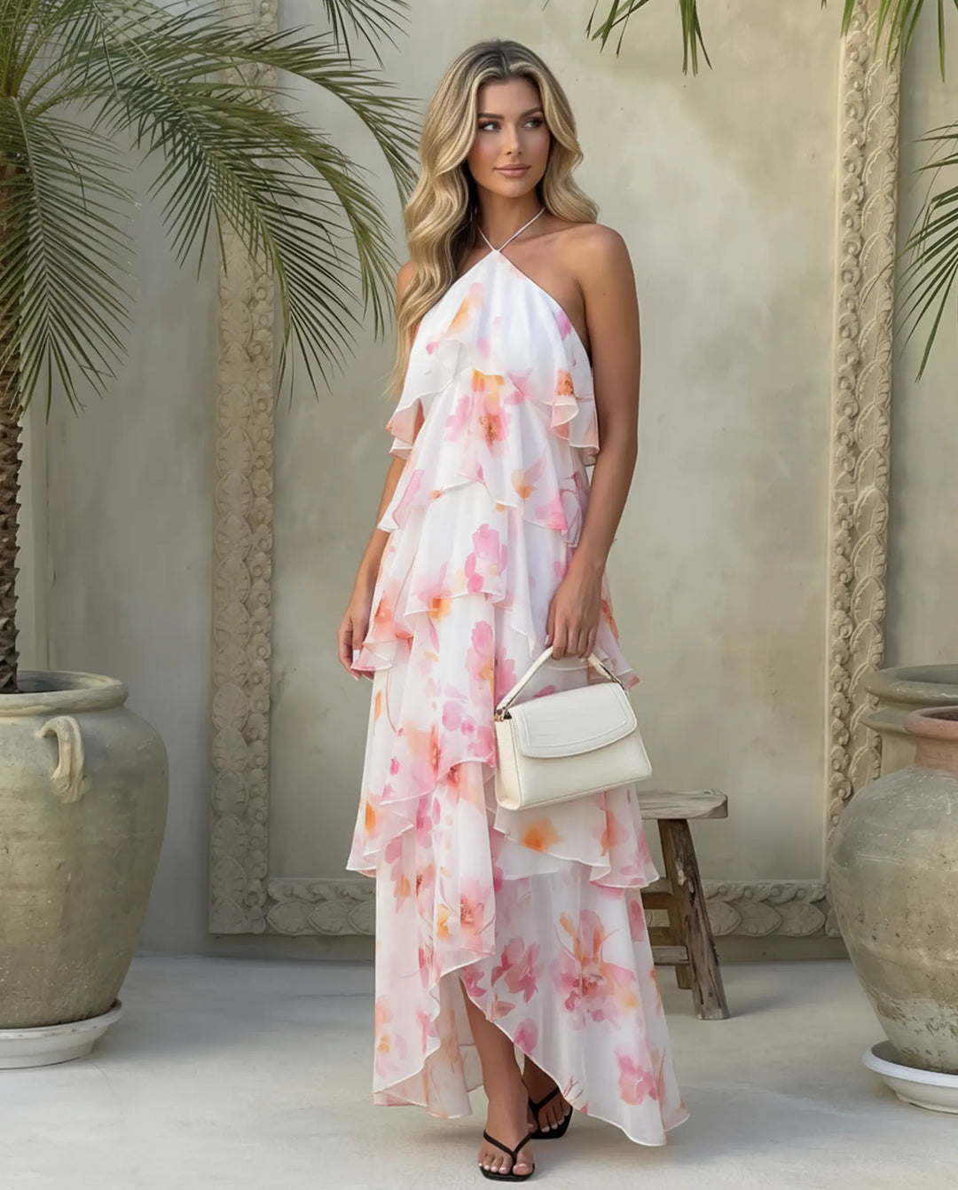 SOLACE  White Floral Print Halter Neck Tiered Chiffon Maxi Dress 