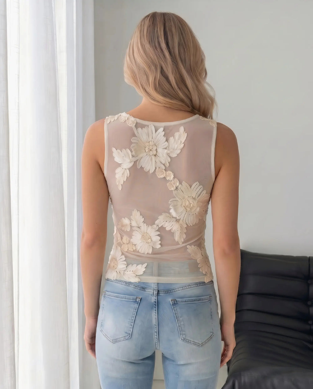 SOLACE  Sheer Ivory Mesh Floral Applique Sleeveless Top 