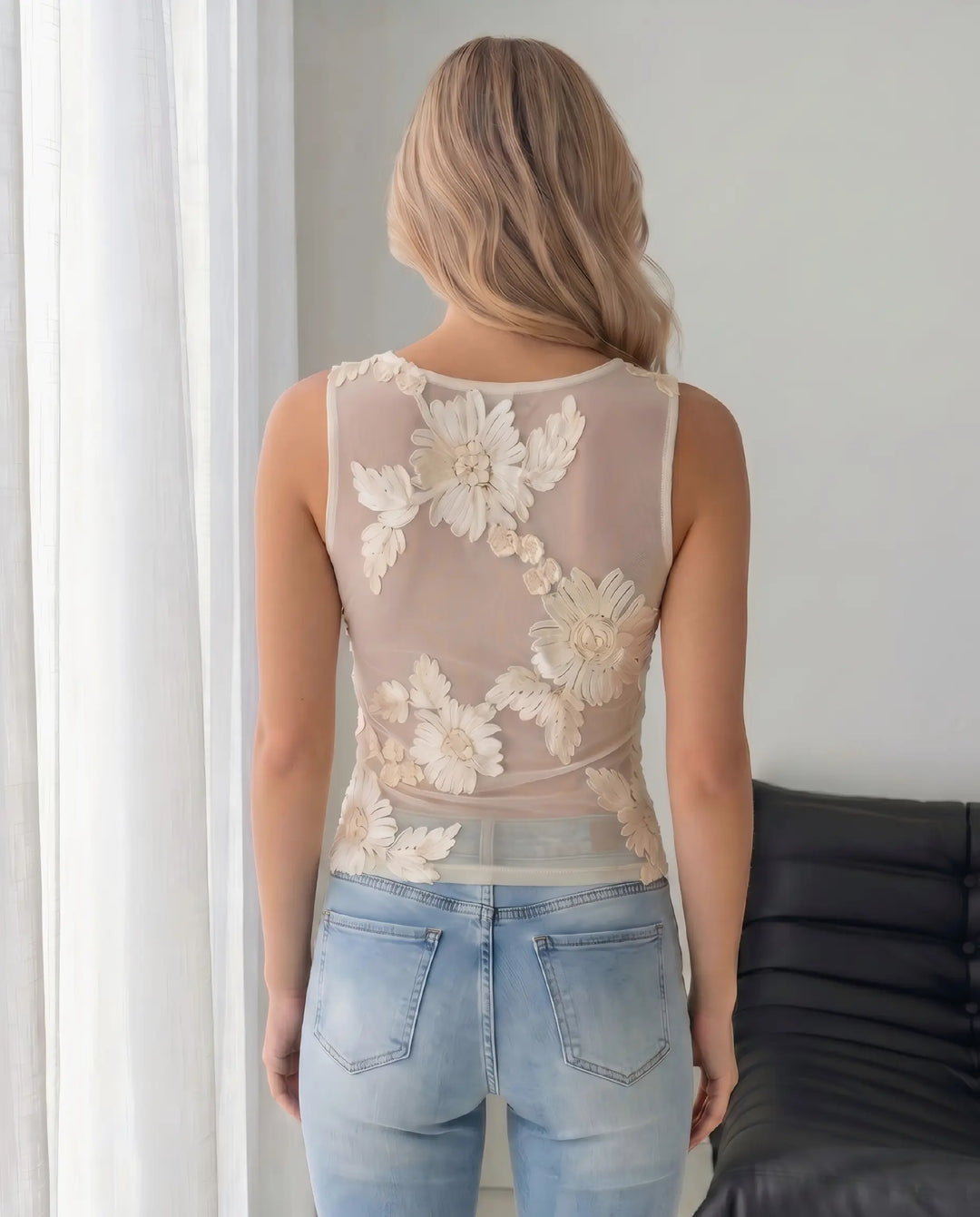 SOLACE  Sheer Ivory Mesh Floral Applique Sleeveless Top 