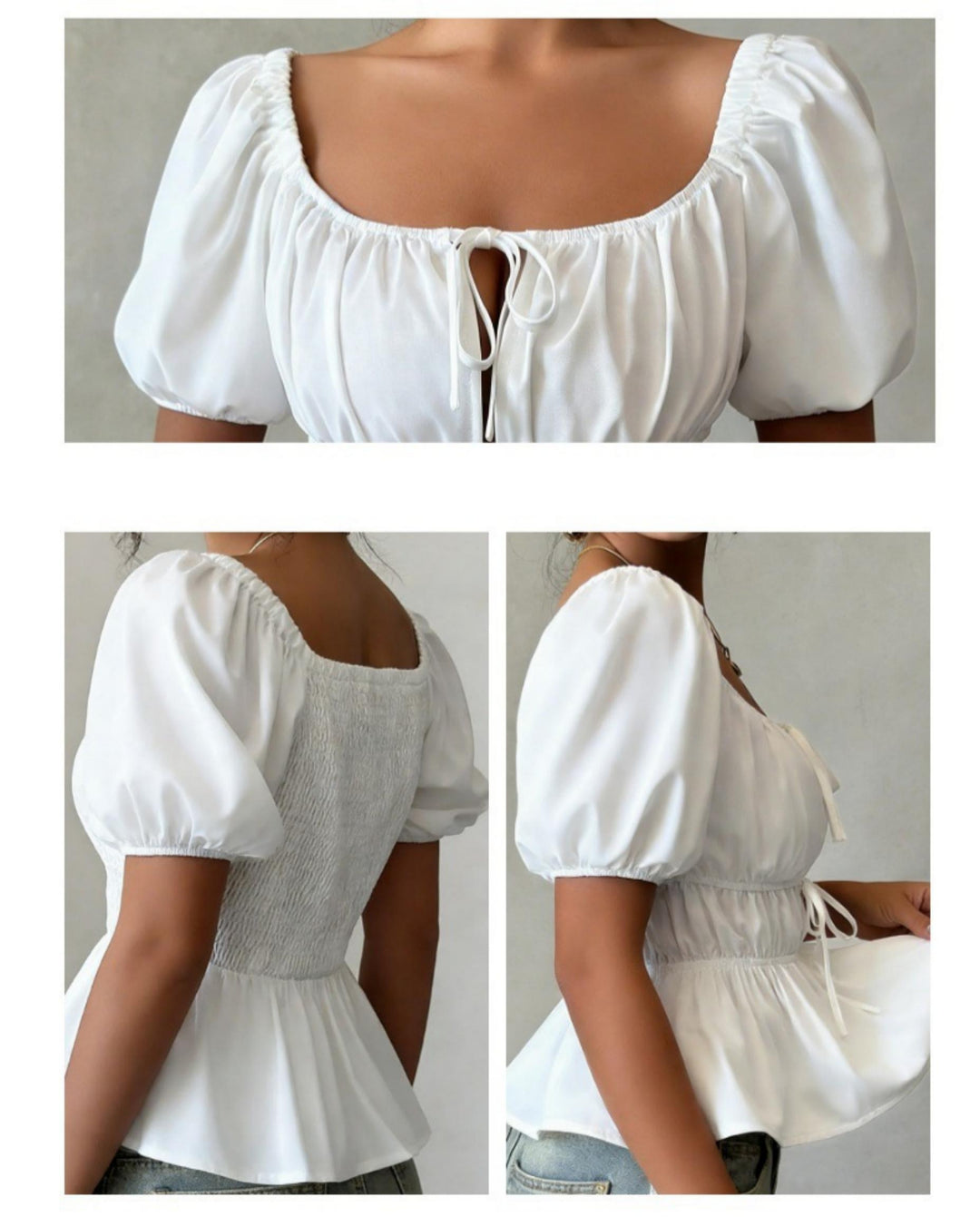 White Square Neck Puff Sleeve Tie-Front Peplum Blouse