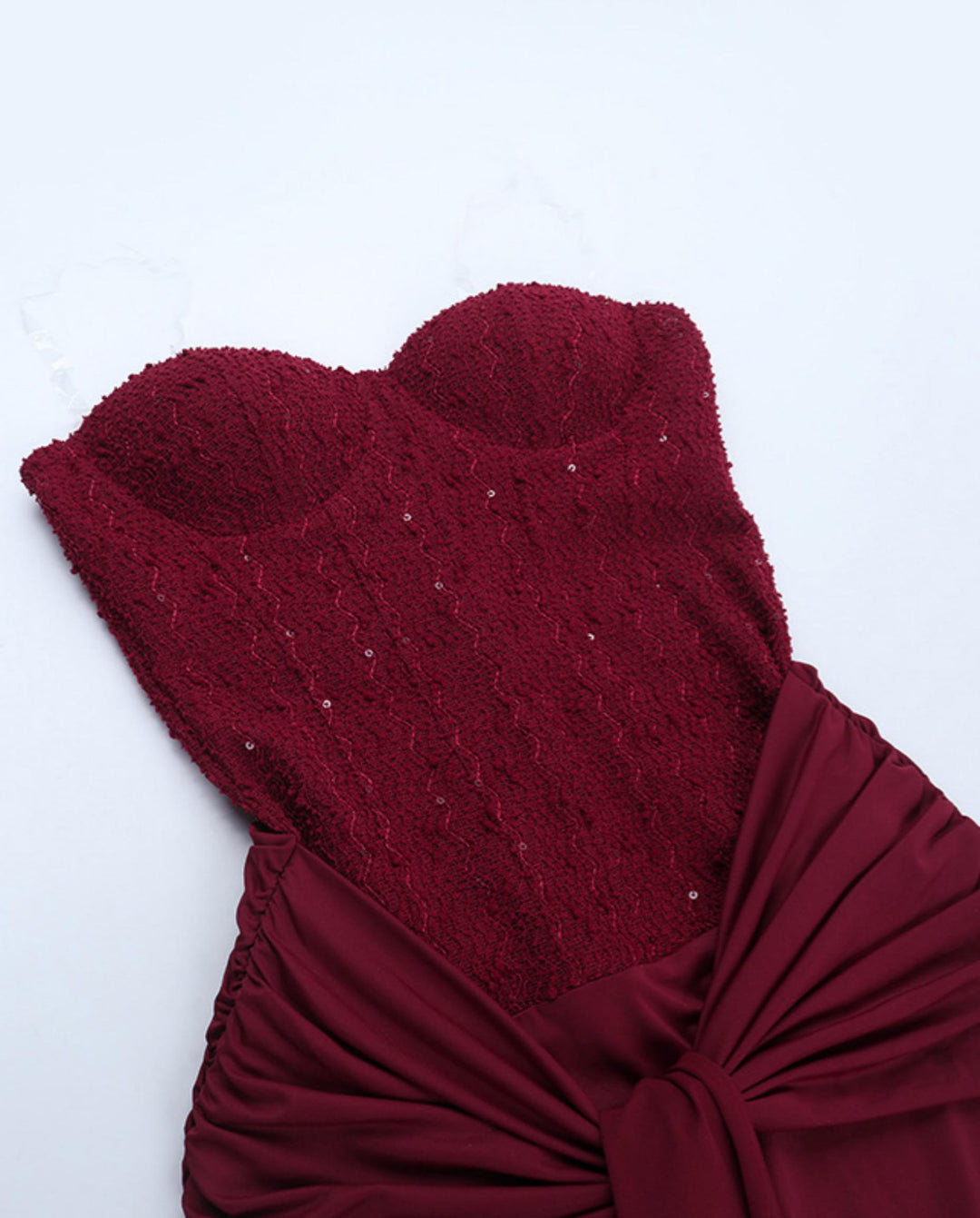 Burgundy Strapless Corset Twist Mermaid Maxi Dress