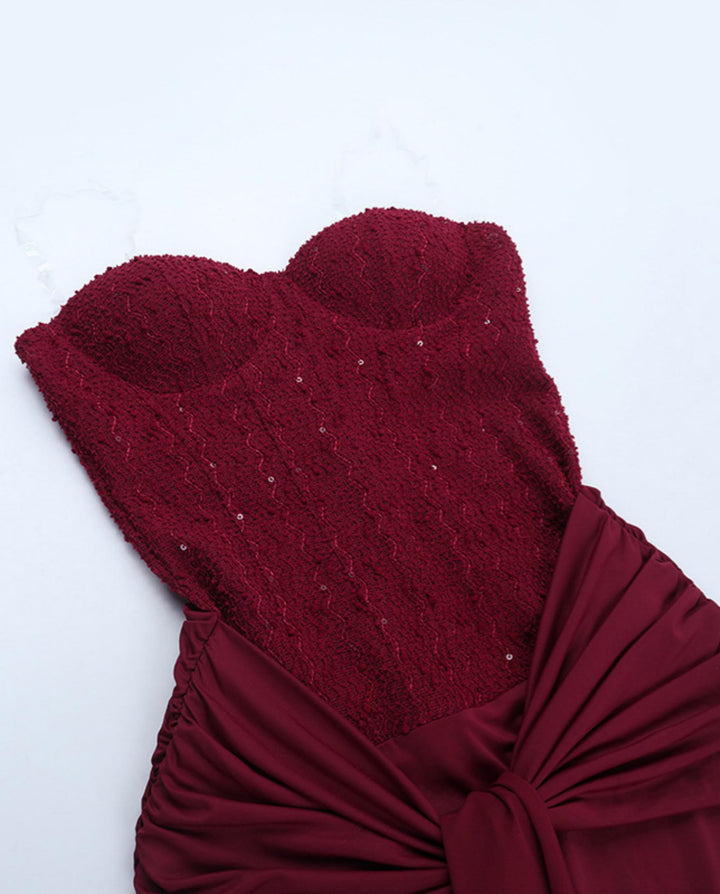Burgundy Strapless Corset Twist Mermaid Maxi Dress