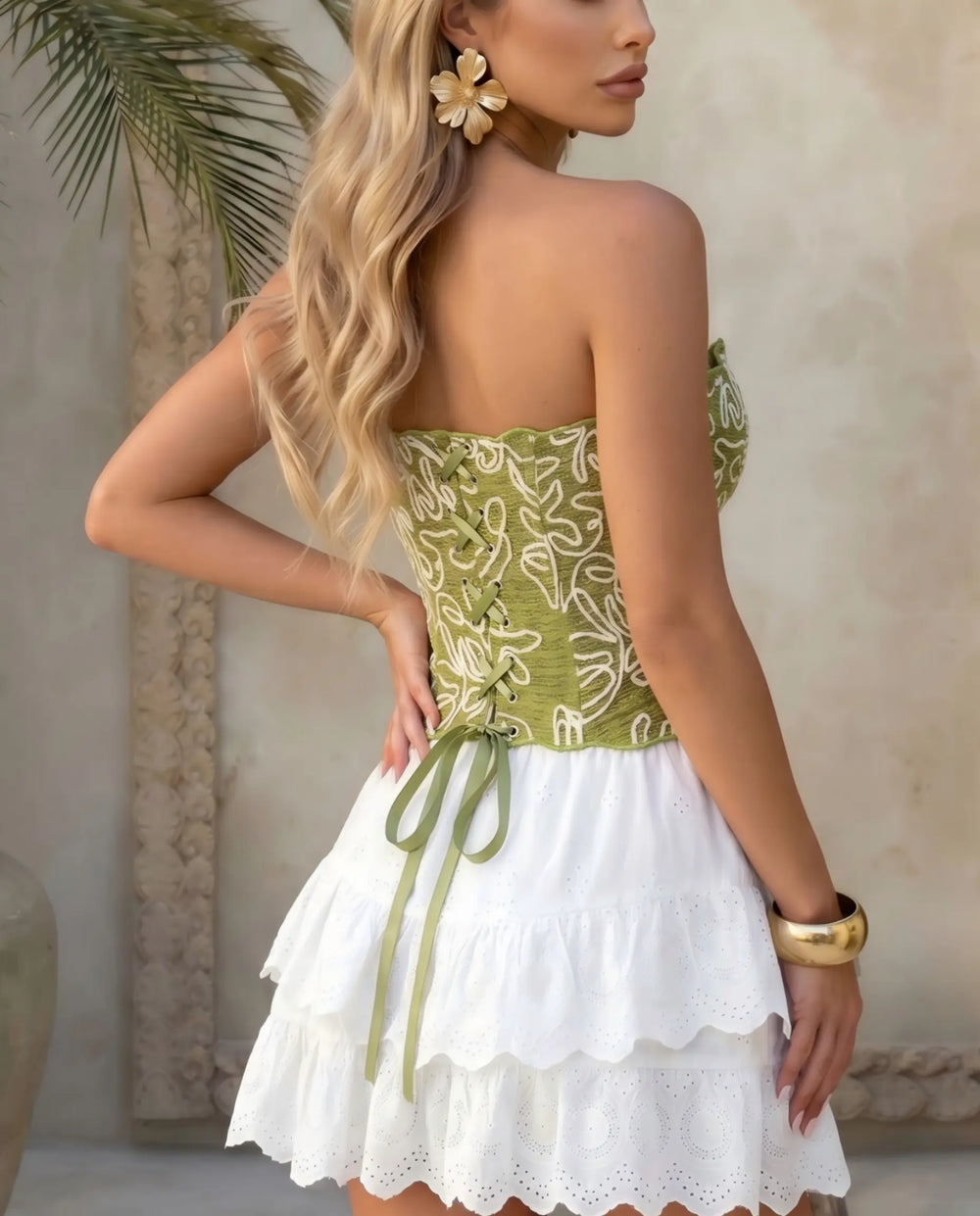 SOLACE  Olive Green Floral Embroidered Strapless Corset Top 