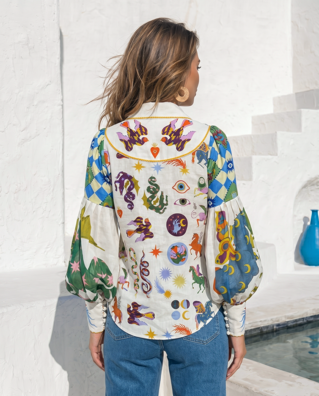 Multicolor Pegasus Print Contrast Plaid Spliced Balloon Sleeve Button Down Shirt