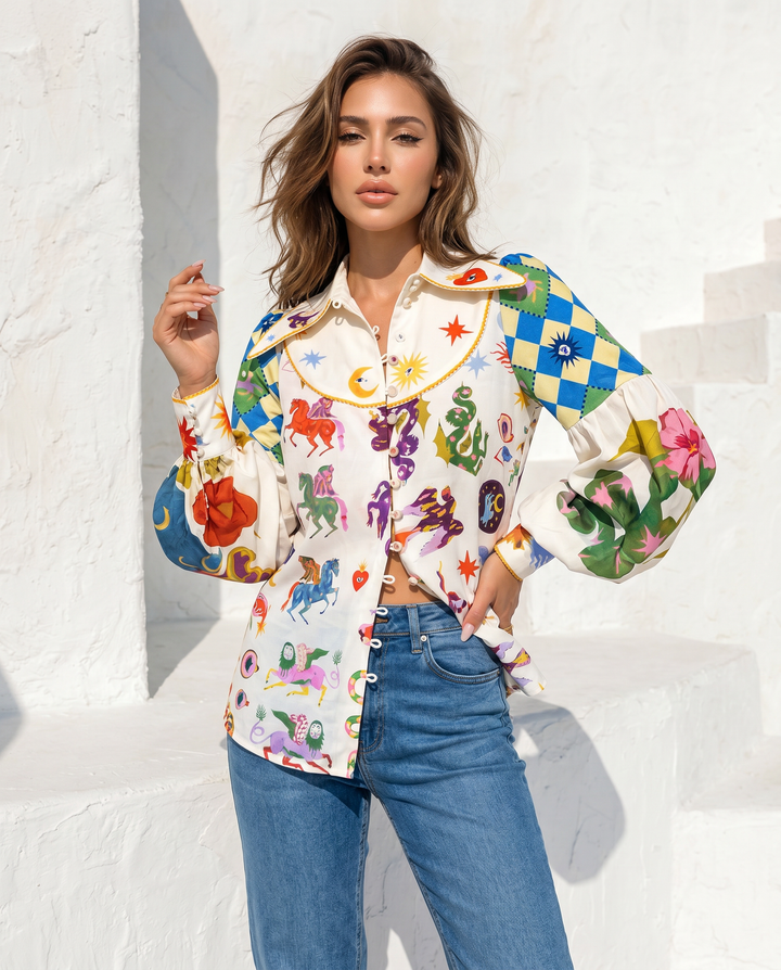 Multicolor Pegasus Print Contrast Plaid Spliced Balloon Sleeve Button Down Shirt