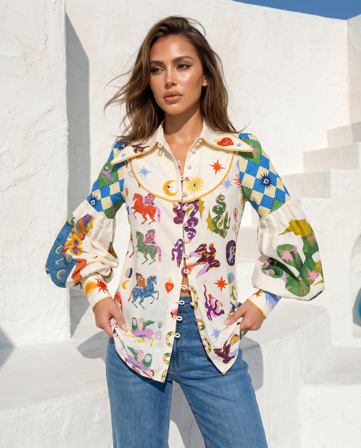 Multicolor Pegasus Print Contrast Plaid Spliced Balloon Sleeve Button Down Shirt