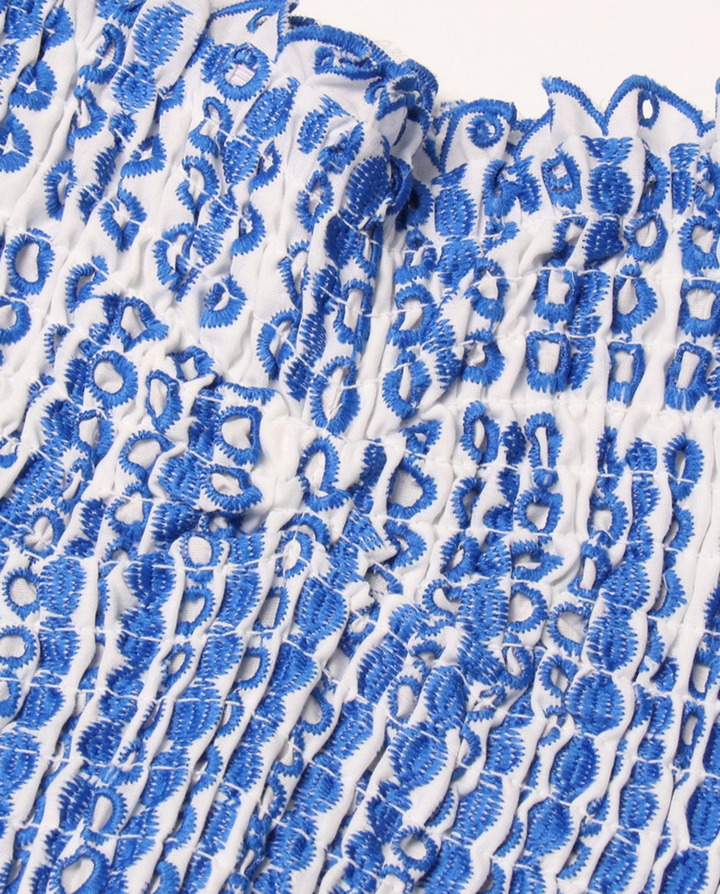Blue Printed Strapless Tiered Mini Dress