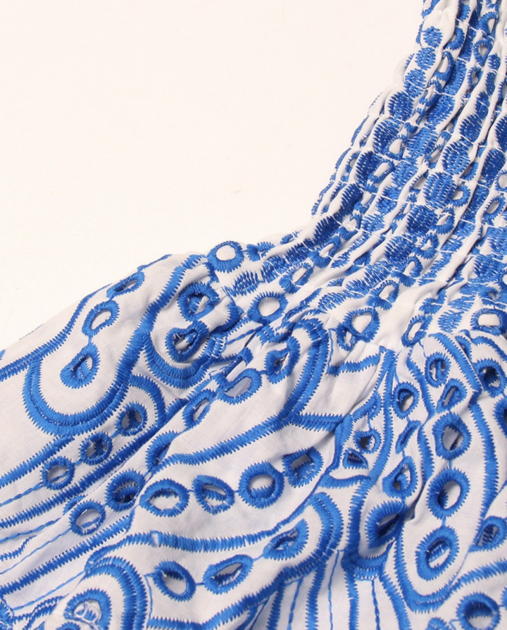 Blue Printed Strapless Tiered Mini Dress