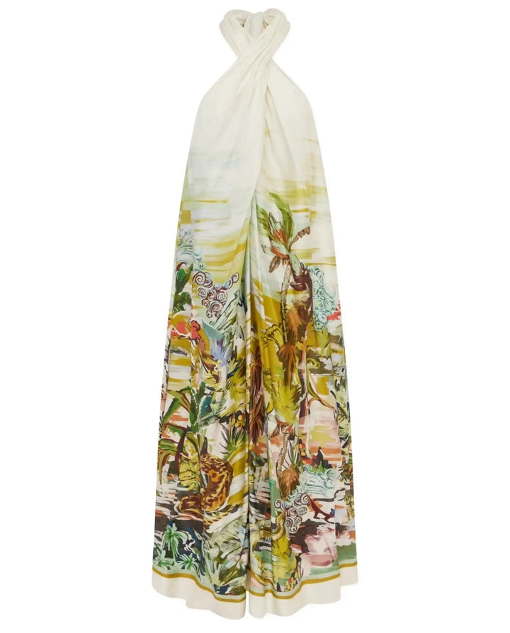SOLACE  White Tropical Print Halter Neck Maxi Dress 