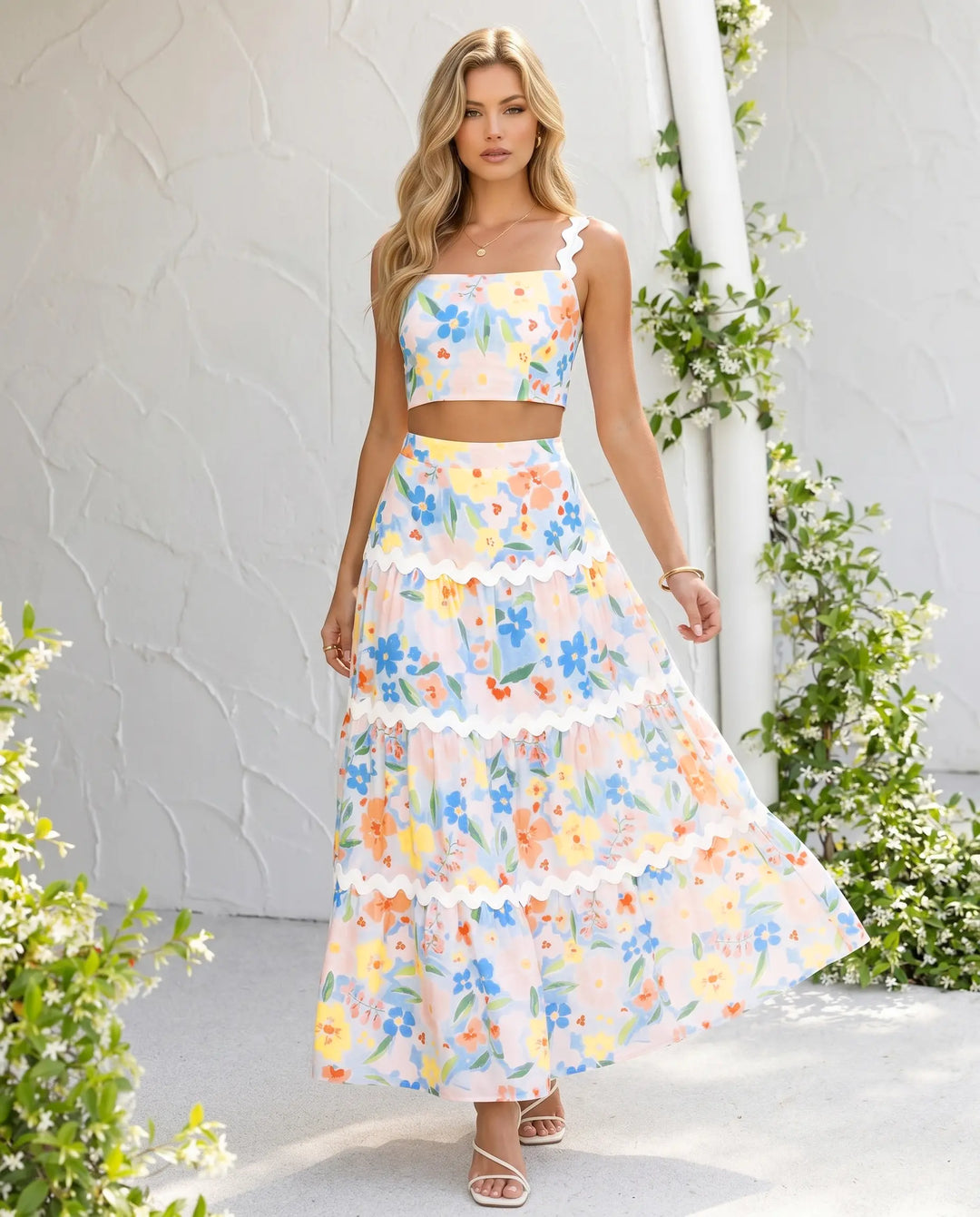 SOLACE  Floral Print Trim Strapless Crop Top And Tiered Maxi Skirt Set 