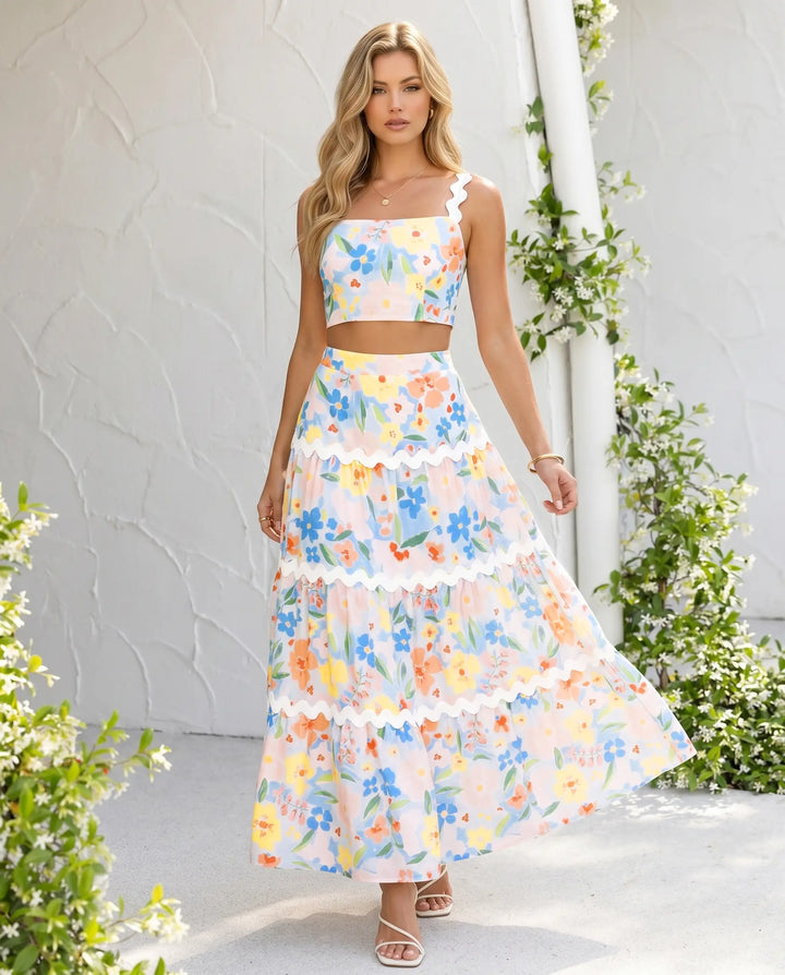 SOLACE  Floral Print Trim Strapless Crop Top And Tiered Maxi Skirt Set 
