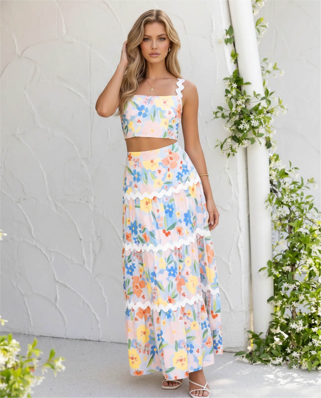 SOLACE  Floral Print Trim Strapless Crop Top And Tiered Maxi Skirt Set 