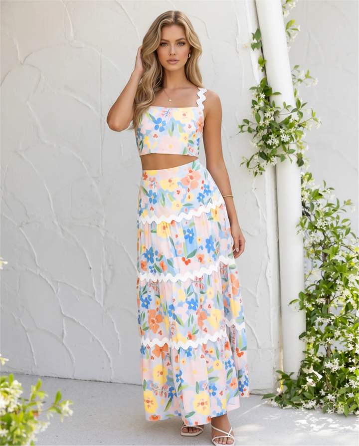 SOLACE  Floral Print Trim Strapless Crop Top And Tiered Maxi Skirt Set 