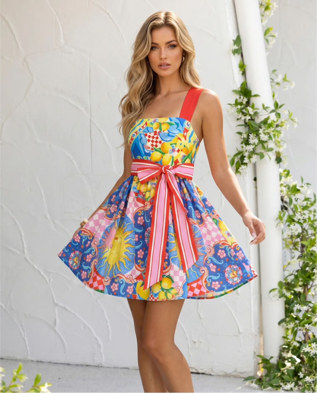SOLACE  Lemon Print Bow Belt Cross Back Linen Blend A-Line Mini Dress 