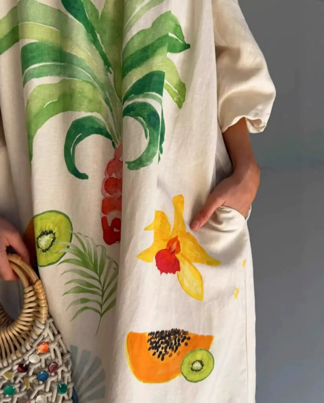 SOLACE  Beige Off Shoulder Tropical Print Maxi Dress 