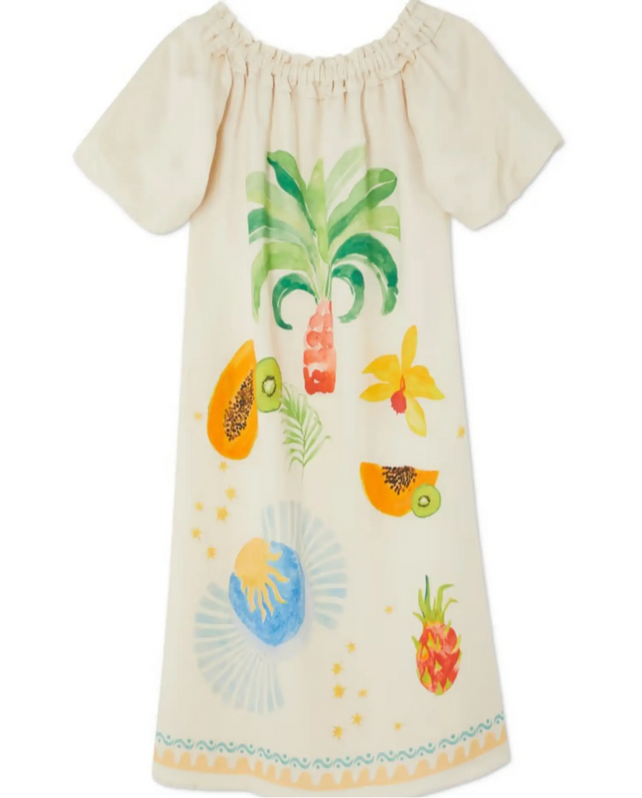 SOLACE  Beige Off Shoulder Tropical Print Maxi Dress 