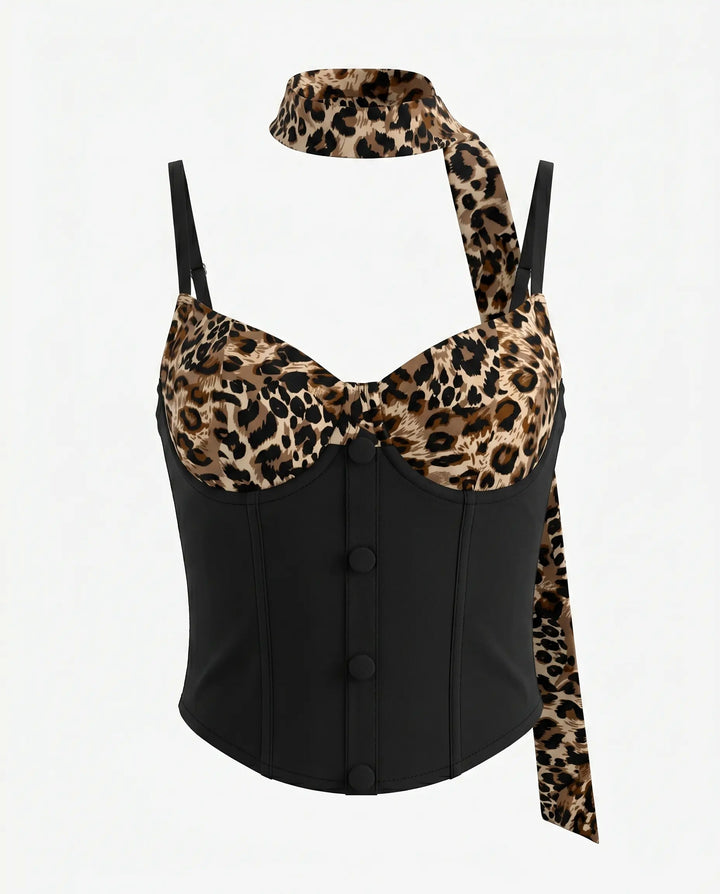 SOLACE  Leopard Print Black Spaghetti Straps Corset Top 