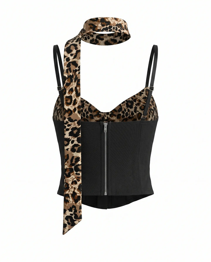 SOLACE  Leopard Print Black Spaghetti Straps Corset Top 