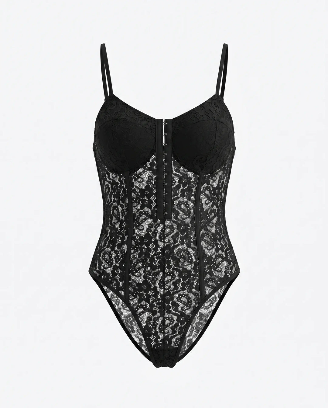SOLACE  lack Lace Corset Style Spaghetti Strap Bodysuit 