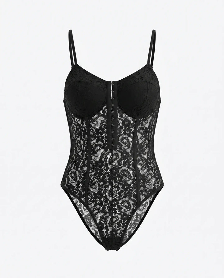 SOLACE  lack Lace Corset Style Spaghetti Strap Bodysuit 