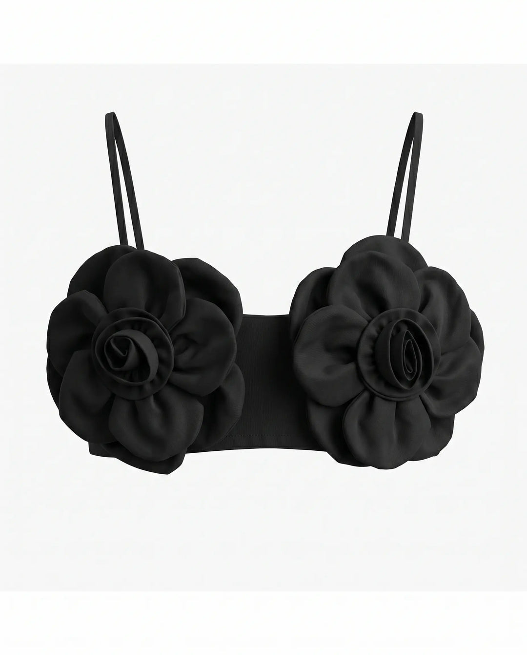 SOLACE  Black 3D Floral Appliques Spaghetti Strap Crop Top 