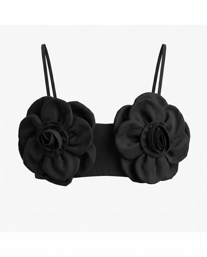 SOLACE  Black 3D Floral Appliques Spaghetti Strap Crop Top 