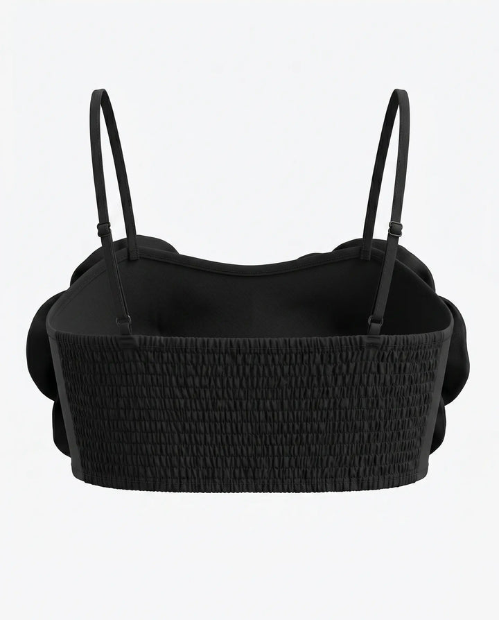 SOLACE  Black 3D Floral Appliques Spaghetti Strap Crop Top 