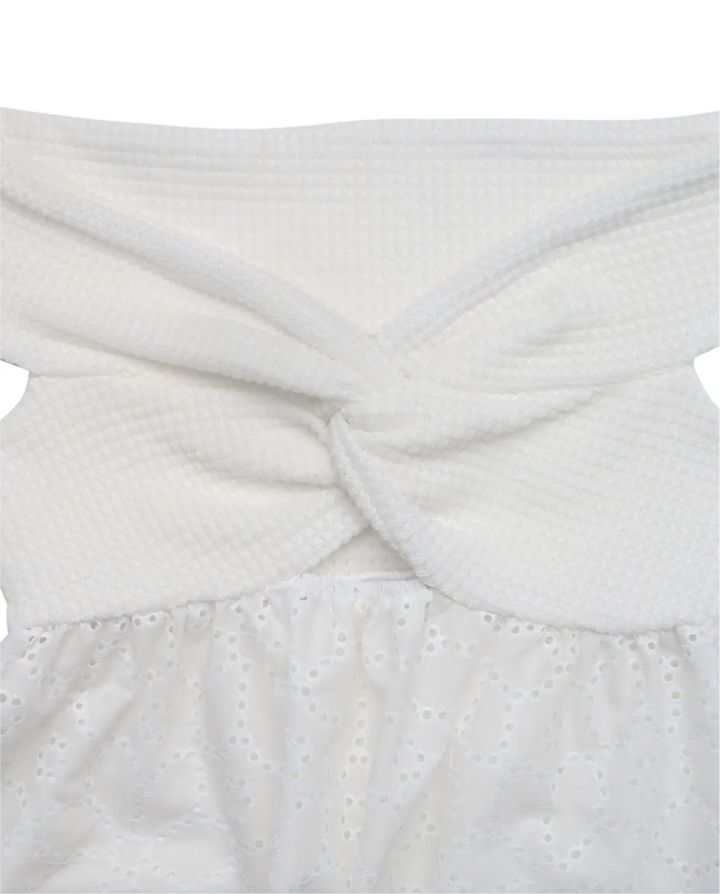 SOLACE  White Twist Front Ribbed Eyelet Peplum Blouse 