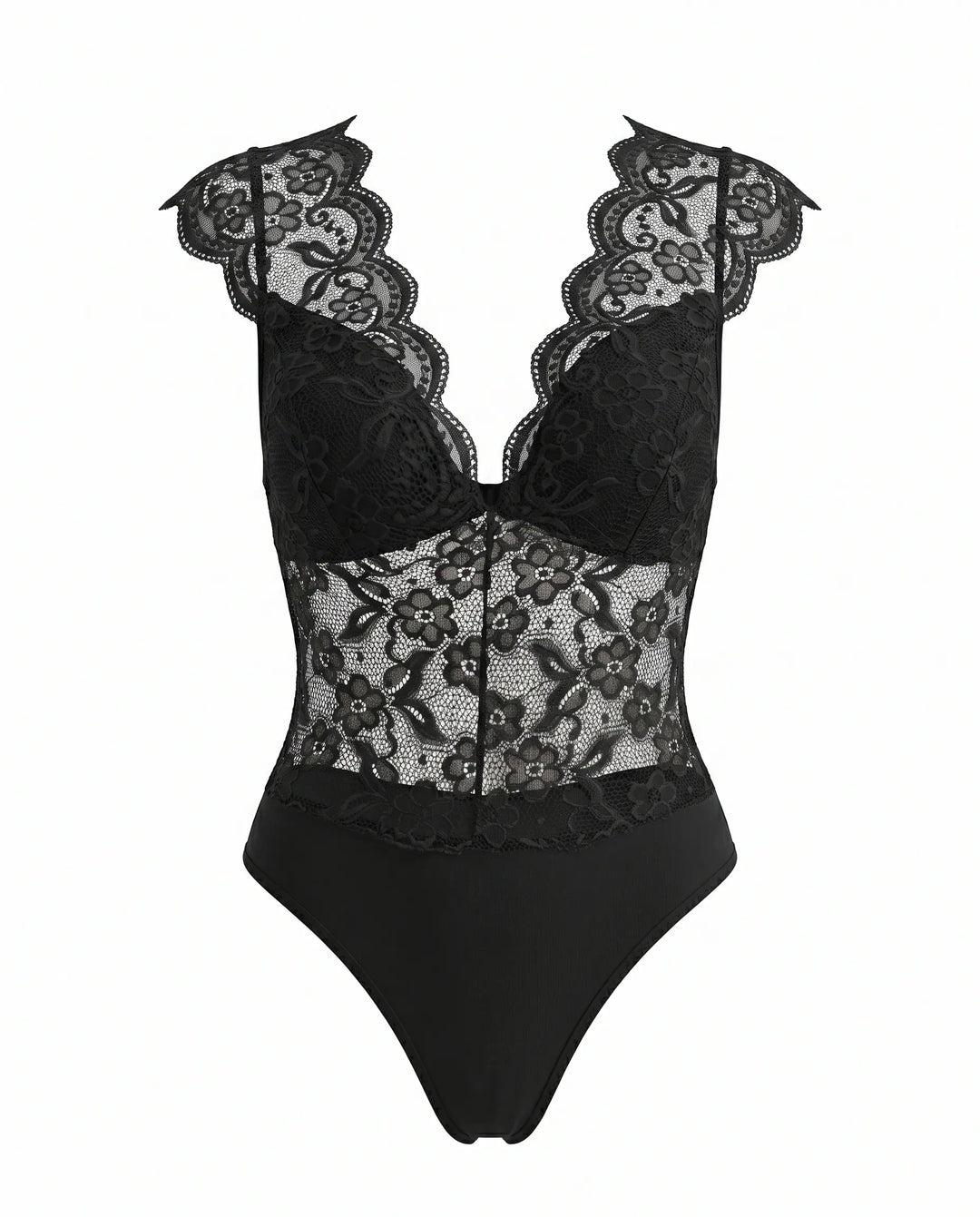 SOLACE  Black Floral Lace V Neck Cap Sleeve Bodysuit 
