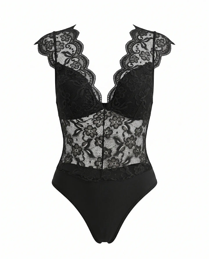 SOLACE  Black Floral Lace V Neck Cap Sleeve Bodysuit 