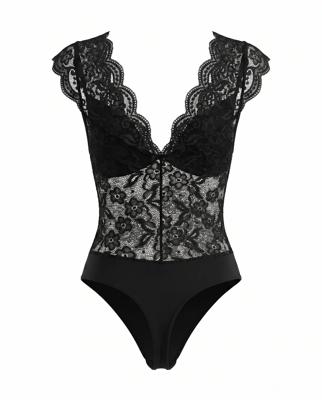 SOLACE  Black Floral Lace V Neck Cap Sleeve Bodysuit 