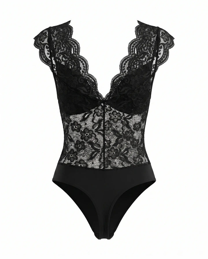 SOLACE  Black Floral Lace V Neck Cap Sleeve Bodysuit 