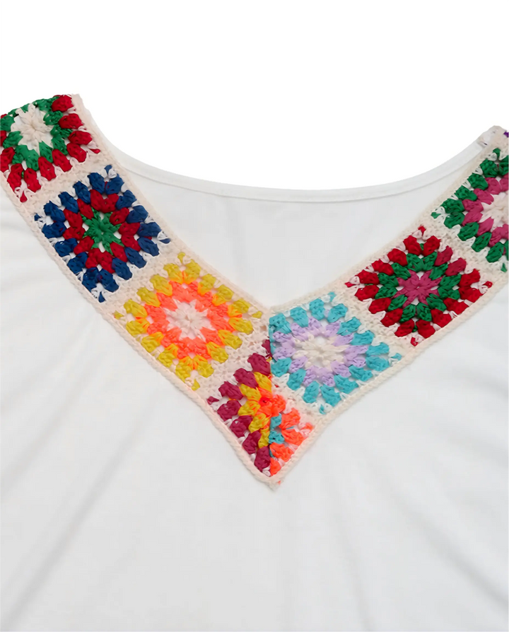SOLACE  White Crochet V-Neck Short Sleeve T-Shirt 