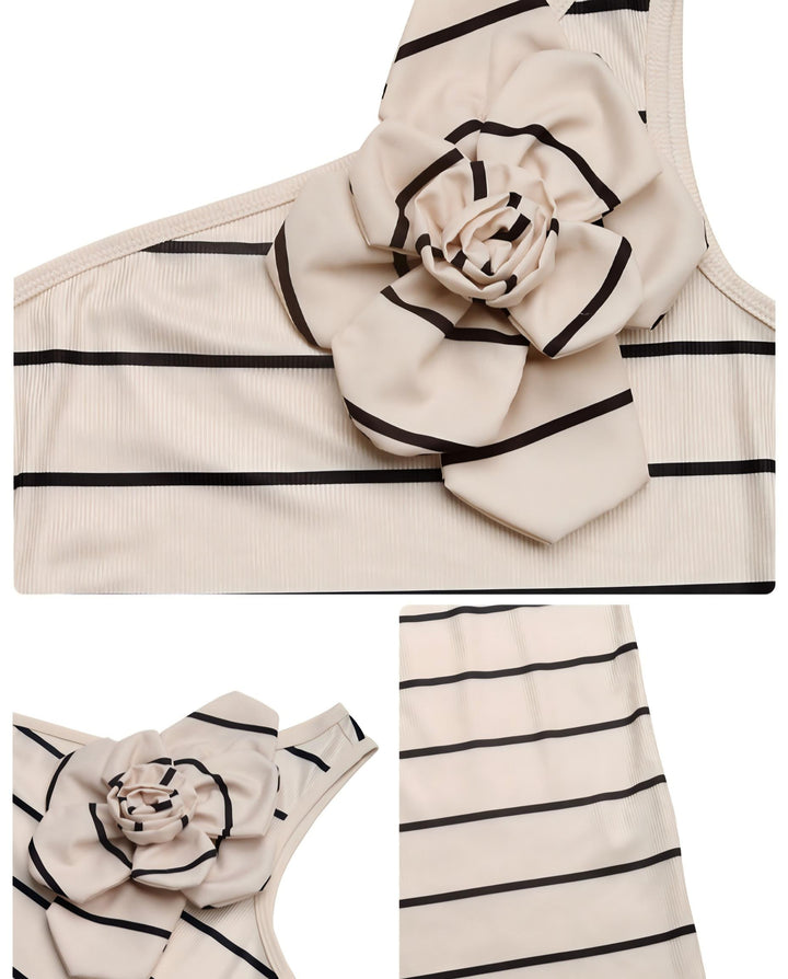 Beige Black Striped One Shoulder Floral Bodycon Midi Dress