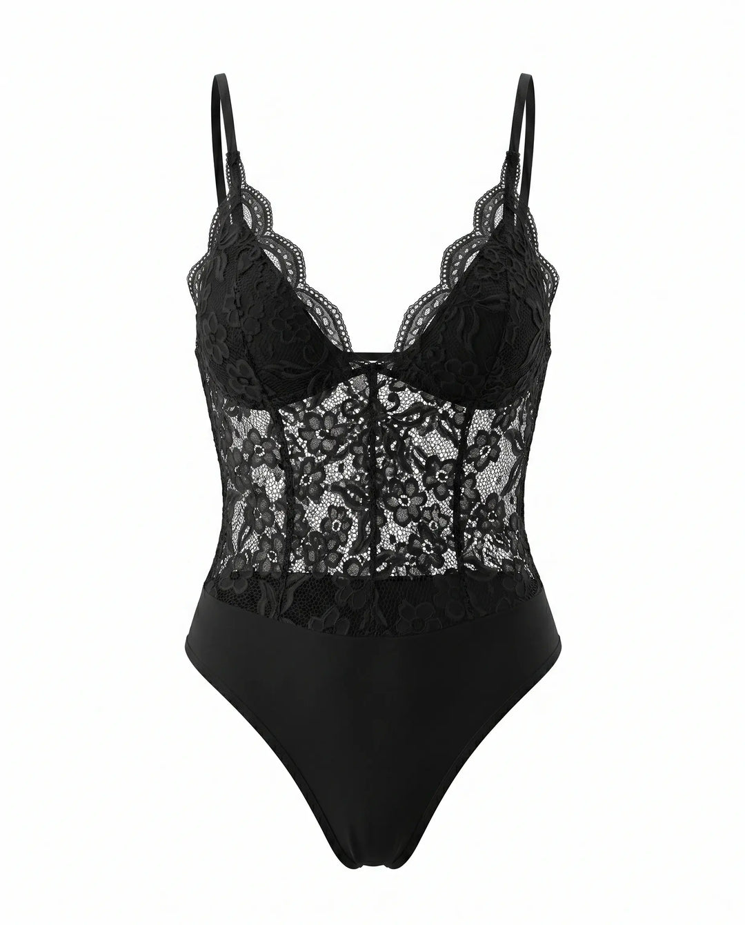 SOLACE  Black  Floral Lace Sheer Slim Fit Short Bodysuit 