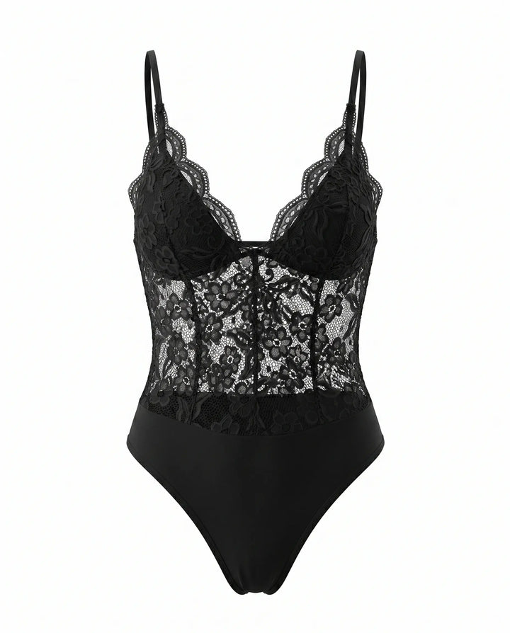 SOLACE  Black  Floral Lace Sheer Slim Fit Short Bodysuit 